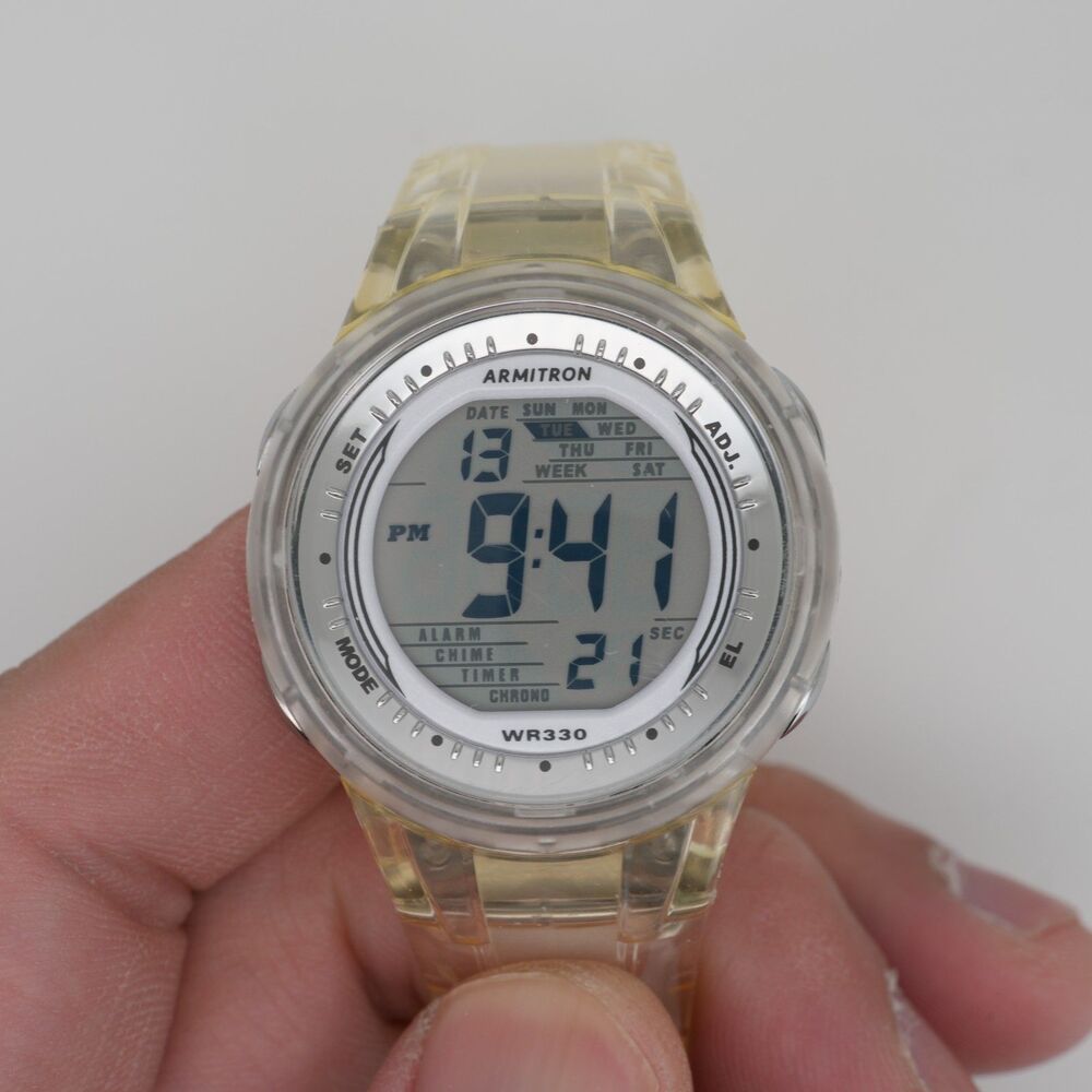 Armitron Digital WR330 M762 Clear band – Polished Crystal – Tested & Running